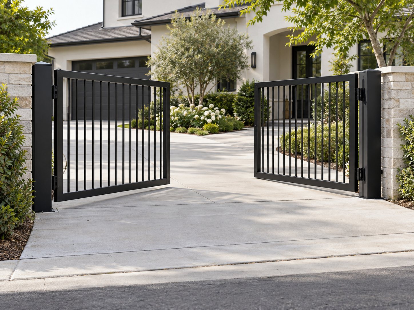 Double-panel residential bifold swing gate at a home driveway